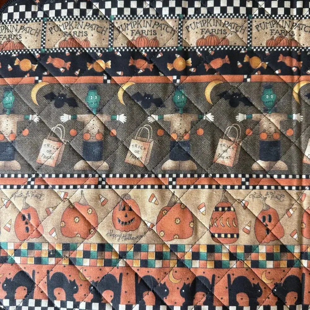 VTG 90s Debbie Mumm Halloween Cloth Table Runner Cat Frankenstein Pumpkin 71 in